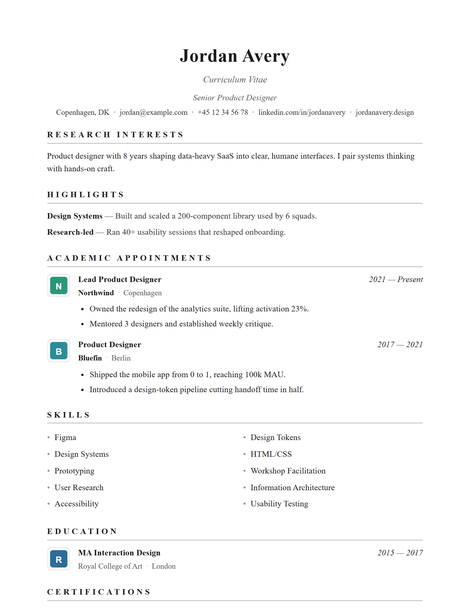 Academic CV template preview