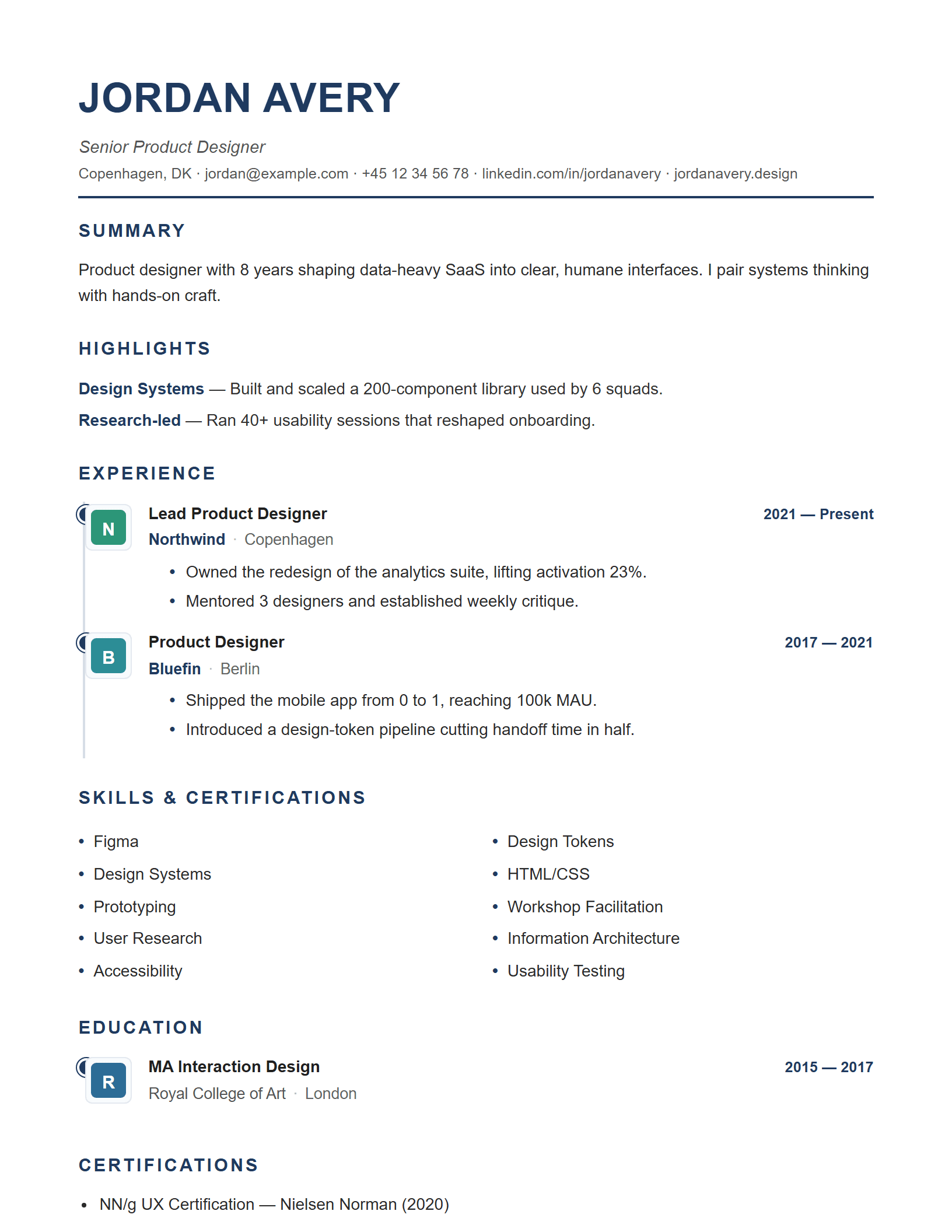 Chronological Timeline CV template preview