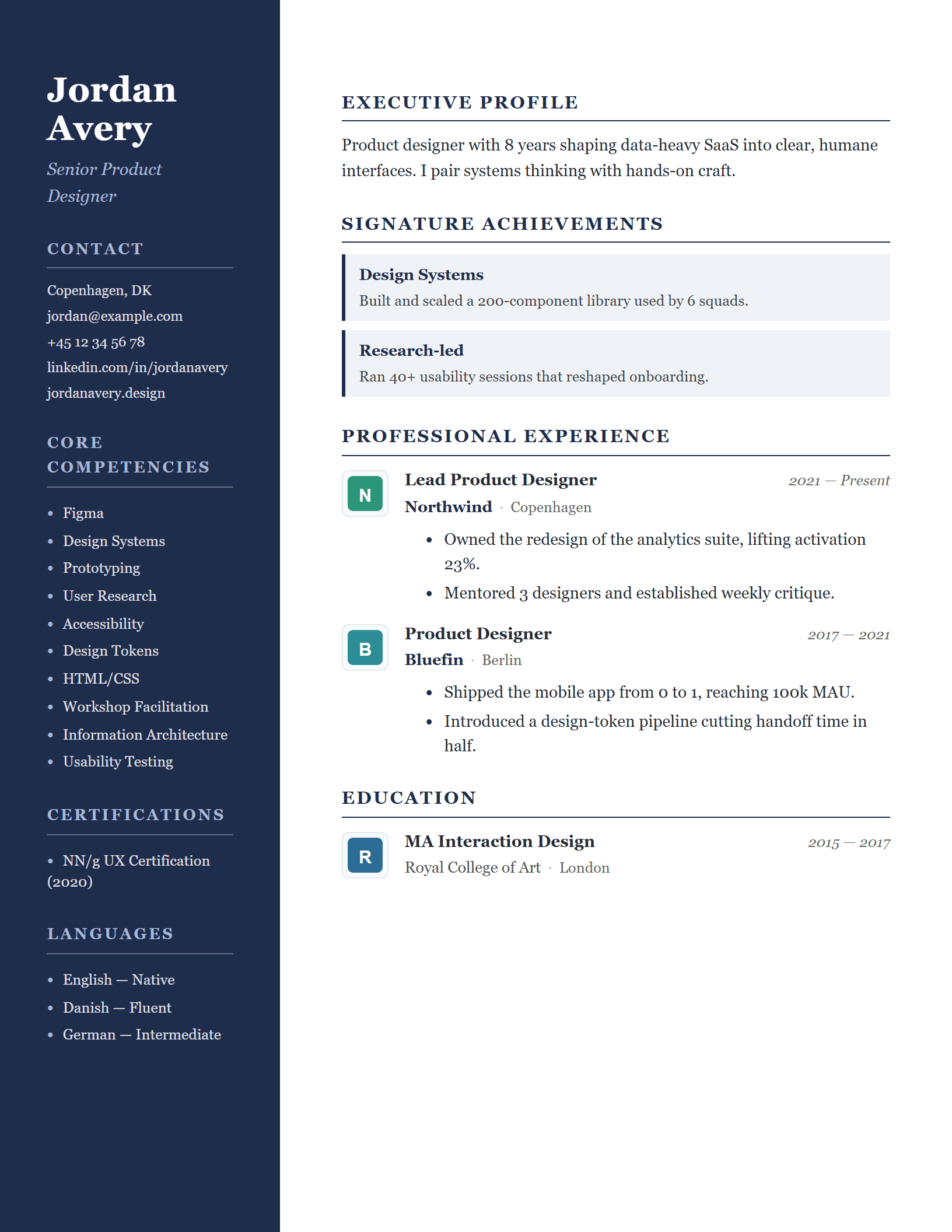 Executive Senior CV template preview
