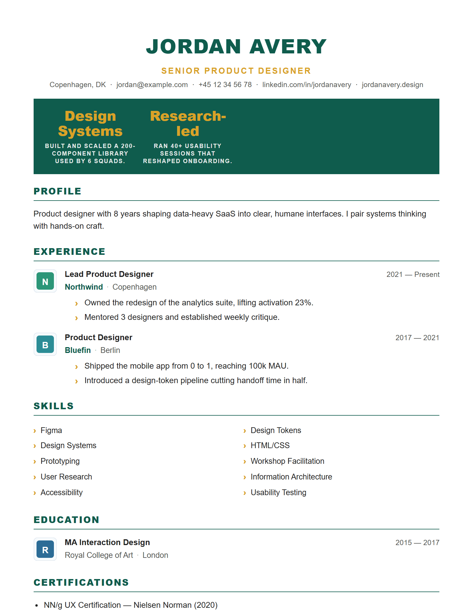 High Performer CV template preview