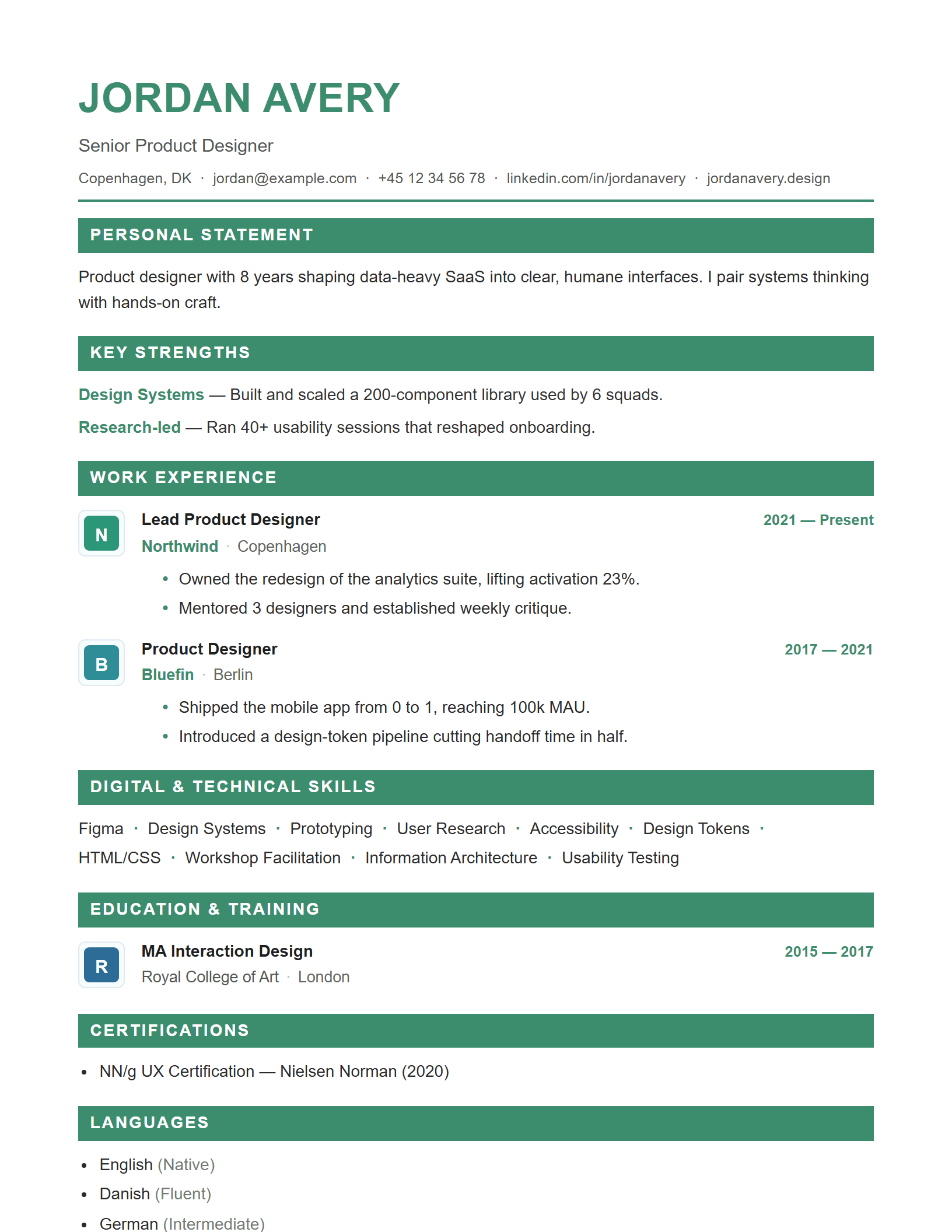 International / European CV template preview