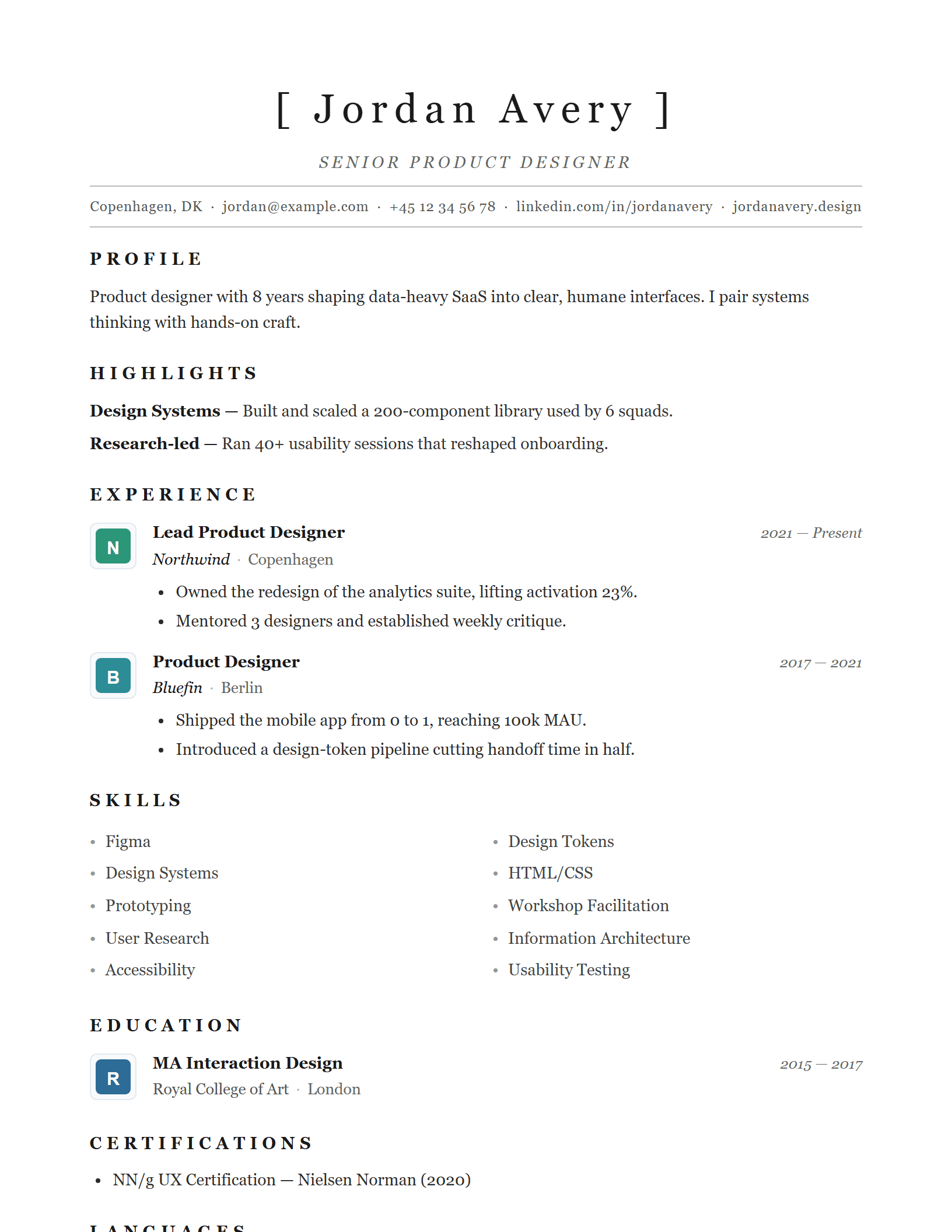 Minimalist Hybrid CV template preview