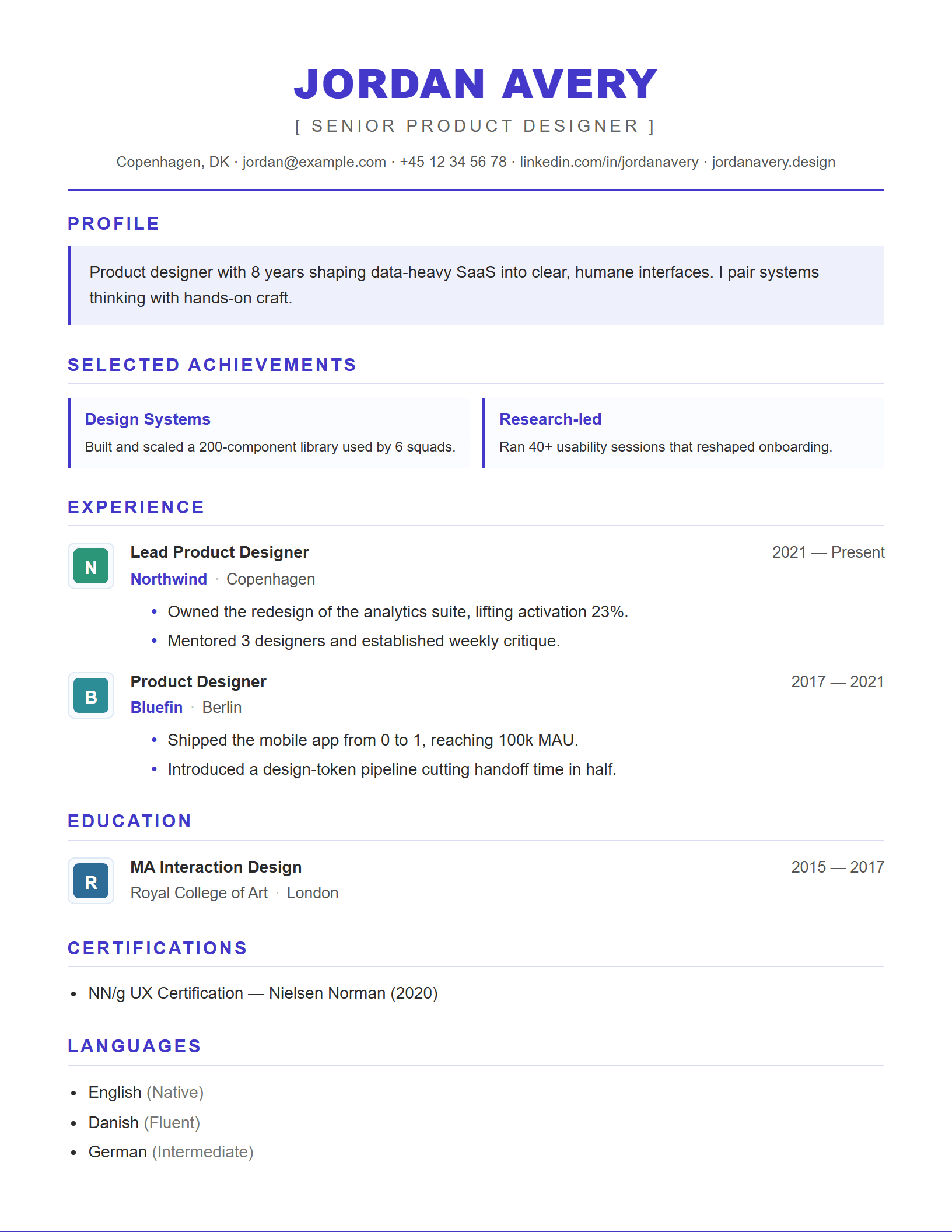Mixed Sections CV template preview