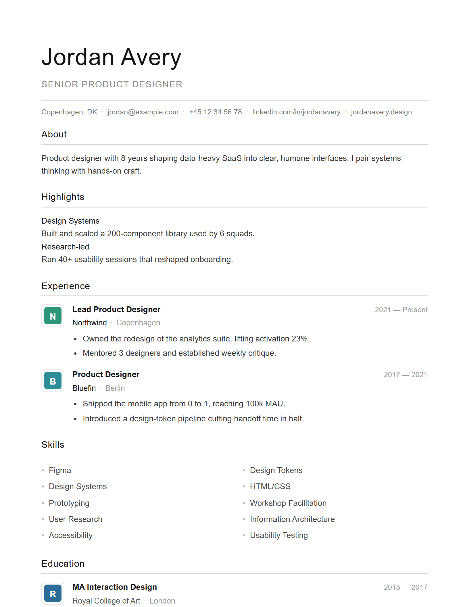 Modern Minimalist CV template preview