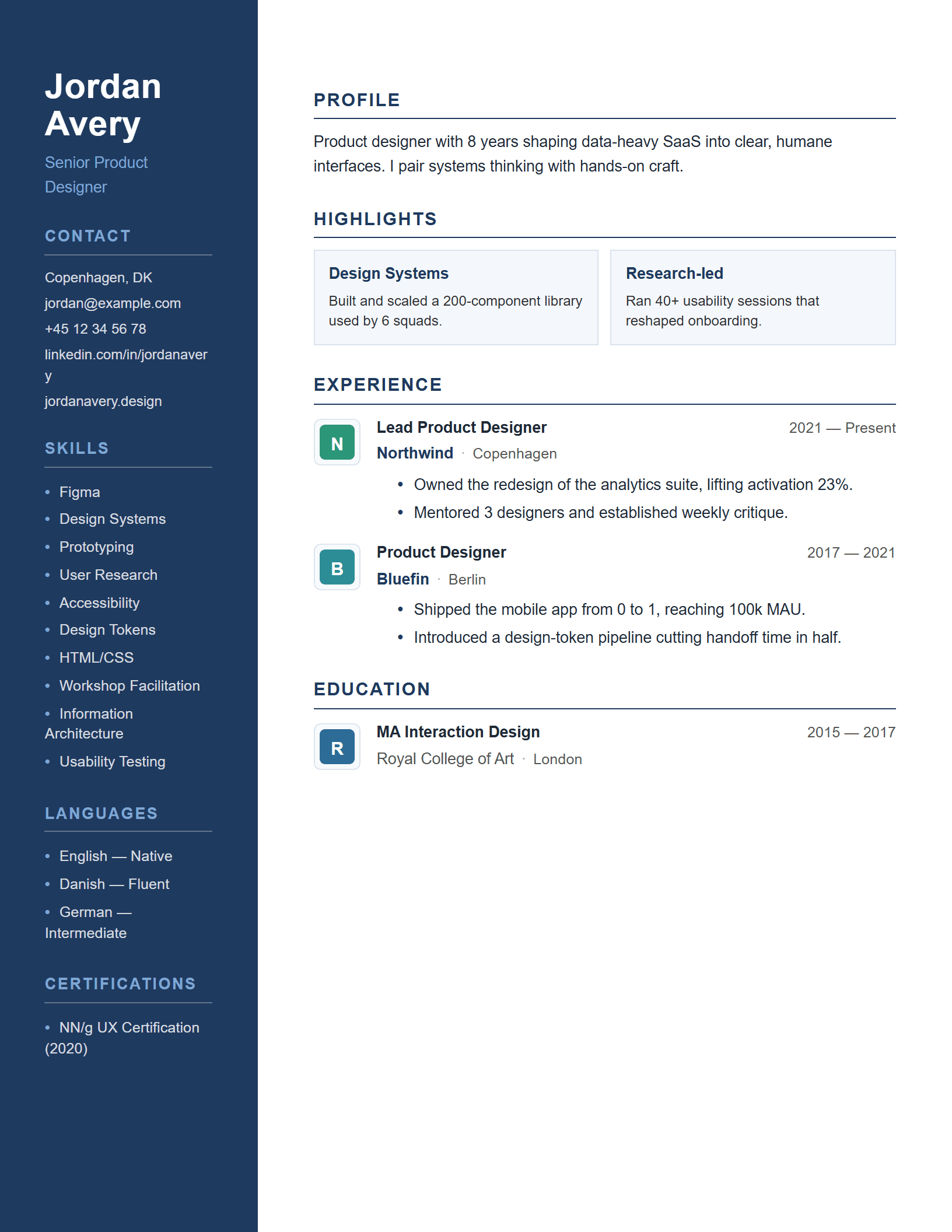 Two-Column Creative CV template preview